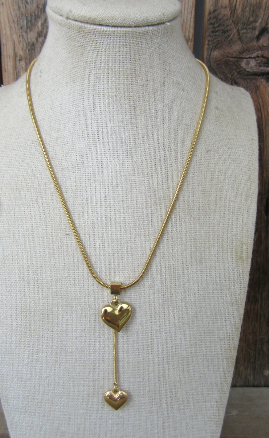 Gold Tone Snake Chain Heart Necklace | Modernist Heart Pendant | Heart on a String Novelty Necklace - Image 5