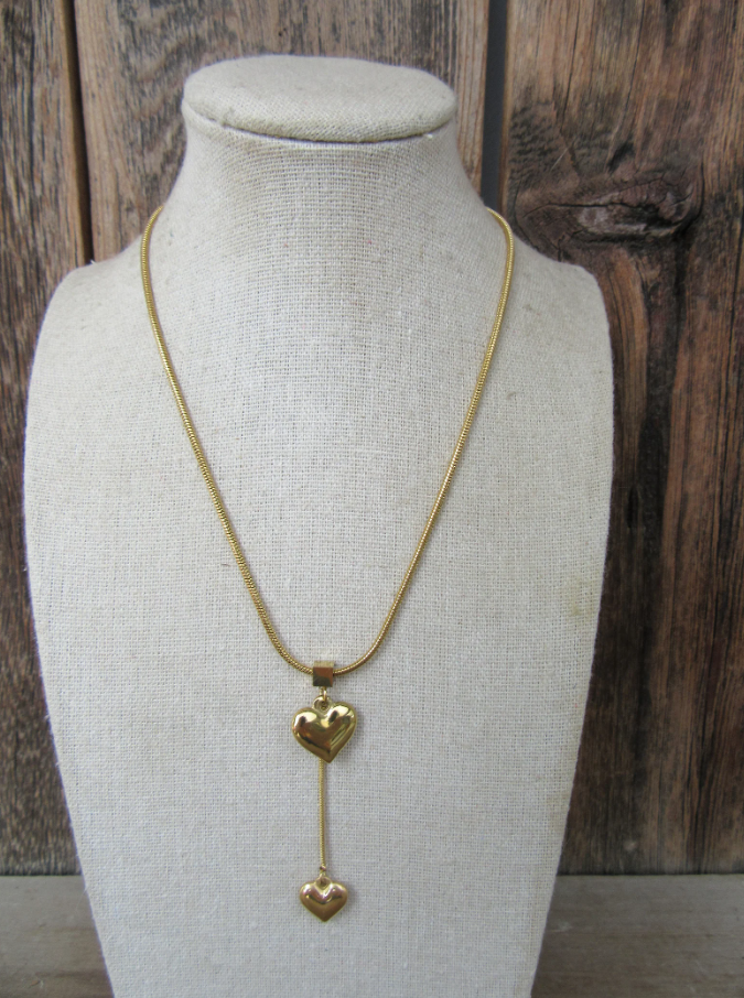 Gold Tone Snake Chain Heart Necklace | Modernist Heart Pendant | Heart on a String Novelty Necklace - Image 4