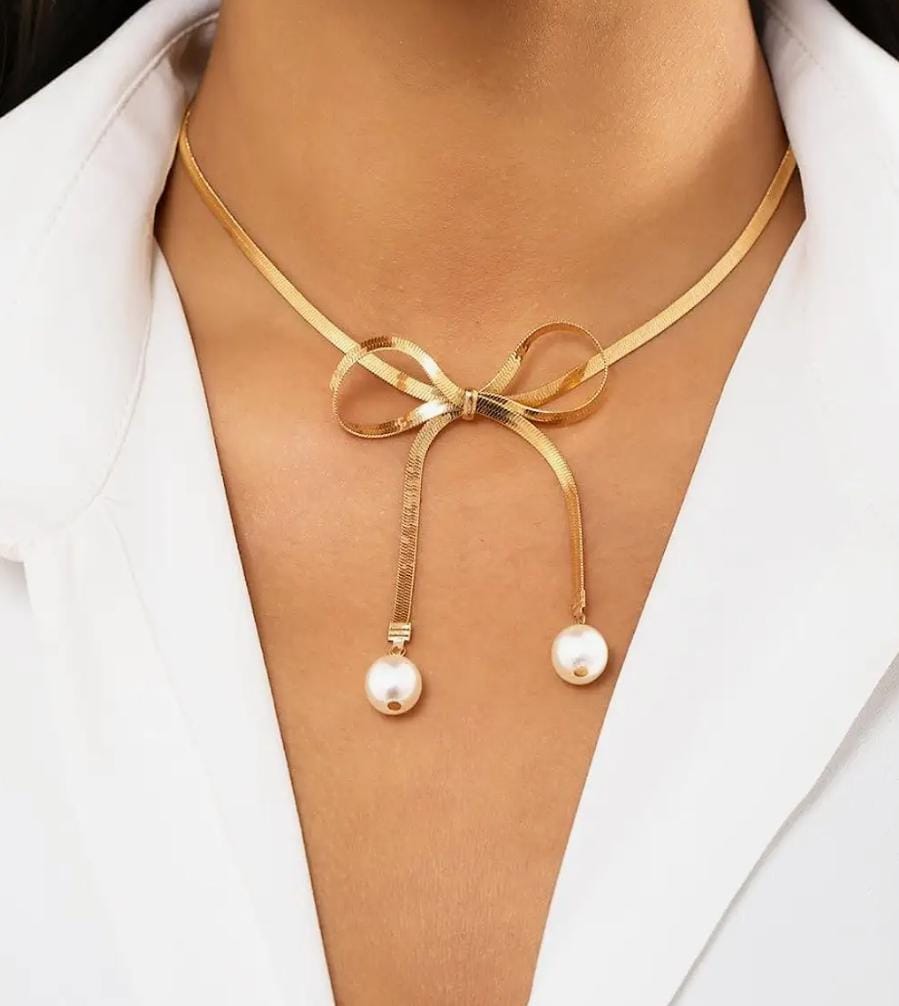 Jumwrit 18K Gold Boho Bow Pendant & Earrings Set – Anti-Tarnish Snake Chain Necklace with Pearls for Women & Girls - Image 6