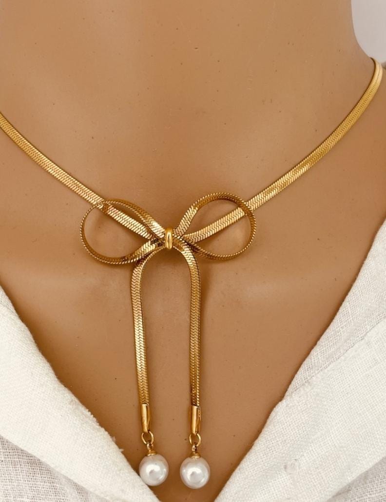 Jumwrit 18K Gold Boho Bow Pendant & Earrings Set – Anti-Tarnish Snake Chain Necklace with Pearls for Women & Girls - Image 3